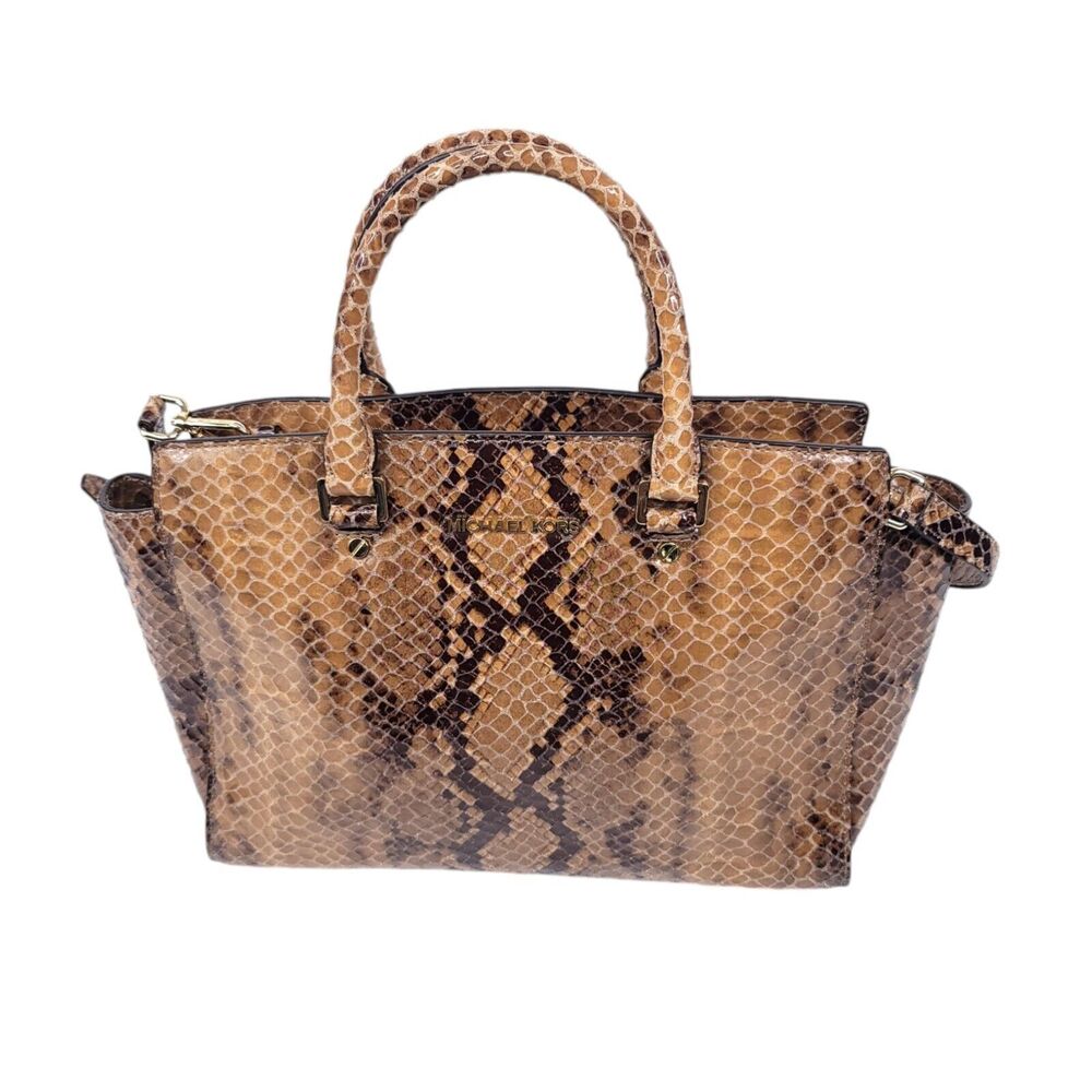 Michael Kors Shoulder Bag Leather Snake Tote Satchel Purse XL Crossbody Logo